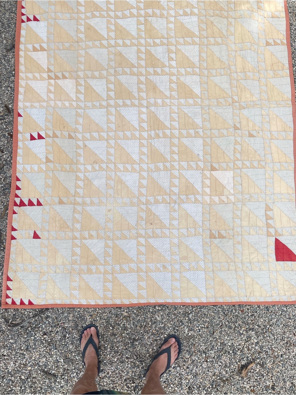 Beige and Red Triangle Patchwork Quilt - Classic Handmade Design